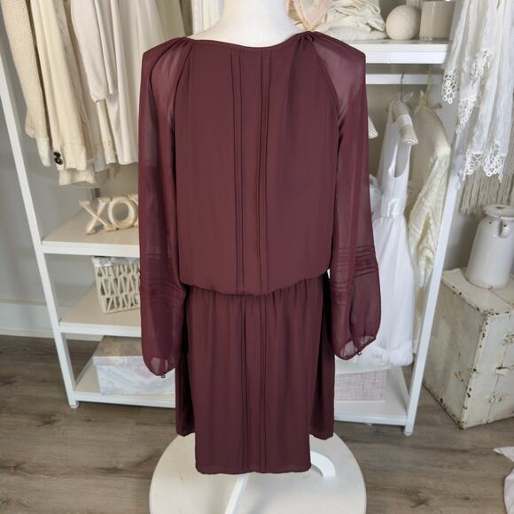 White House Black Market sz. Large Burgundy dress, soft girl sheer sleeves #3745 - Picture 3 of 6